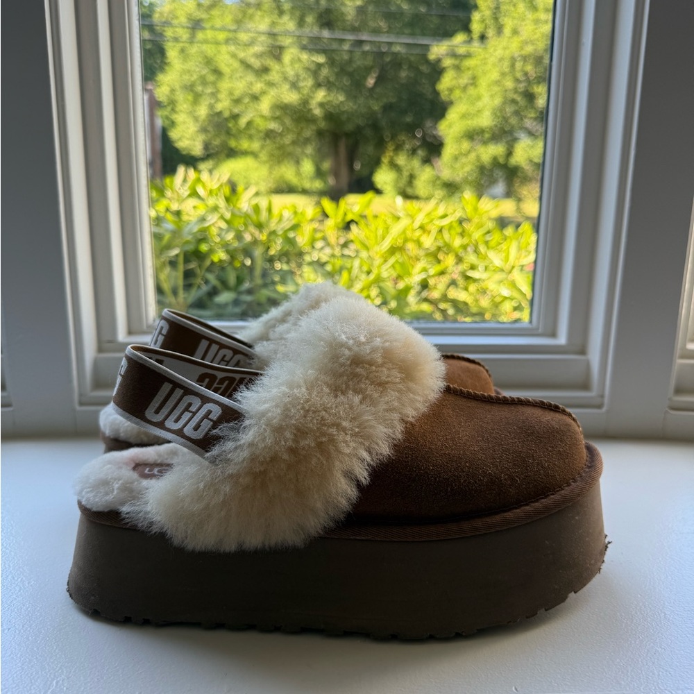 Platform UGG Chestnut Suede Shearling Platform Mule with Cream Lining